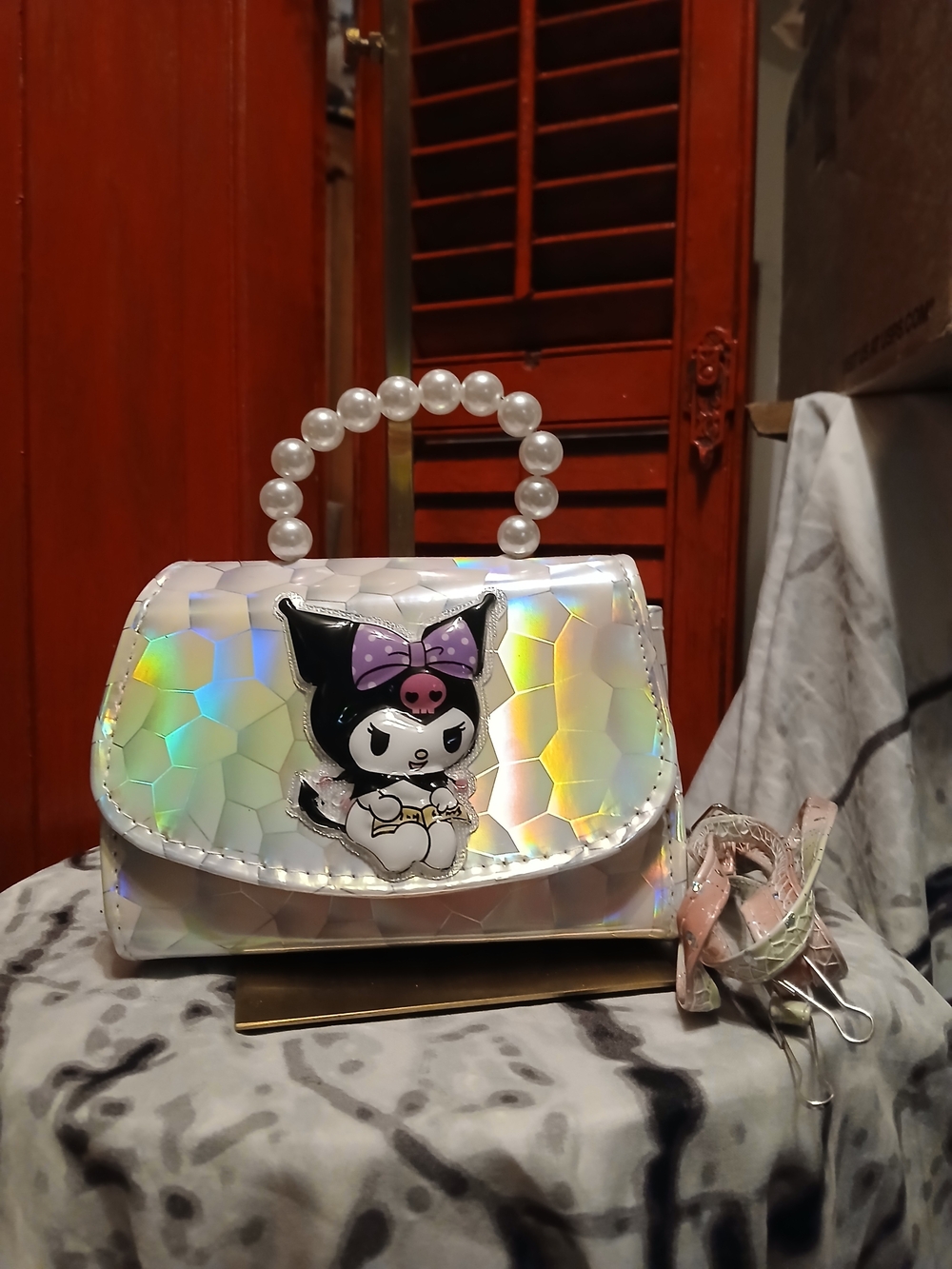 Kuromi Holographic White Crossbody Bag with Pearl Handle